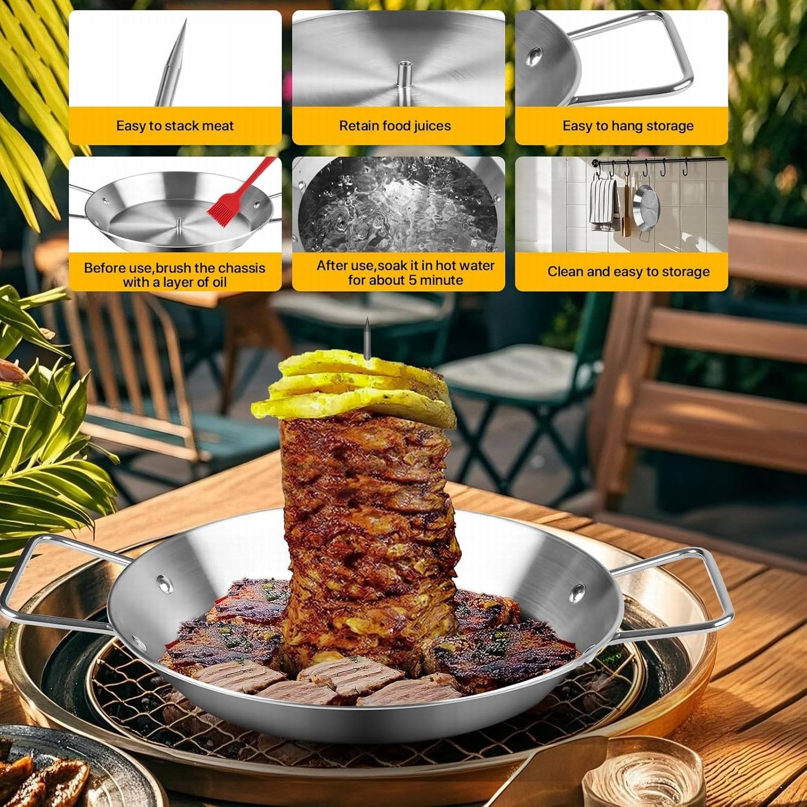 Stainless Steel Pan with Skewers for Oven, Ideal for Al Pastor, Shawarma & Kebabs Vertical Skewer Cooking Pan, Oven BBQ Dishes Pan Shawarma Cooking Plate, Oven Skewer Pans(7.87inch)