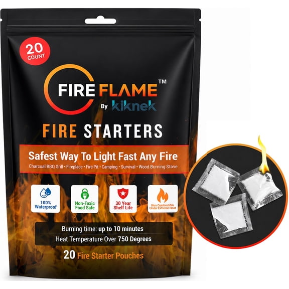 FireFlame Quick Instant Fire Starter - 100% Waterproof All-Purpose Indoor & Outdoor FireStarter, for Charcoal Starter, Campfire, Fireplace, Firepit, Smoker - Odorless &Food Safe - 20 Pouches in Bag