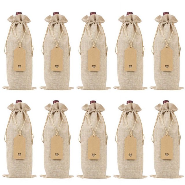 Bolsas de arpillera para vino con cordones, fundas reutilizables individuales para botellas de vino con cuerdas y etiquetas (10 unidades)
