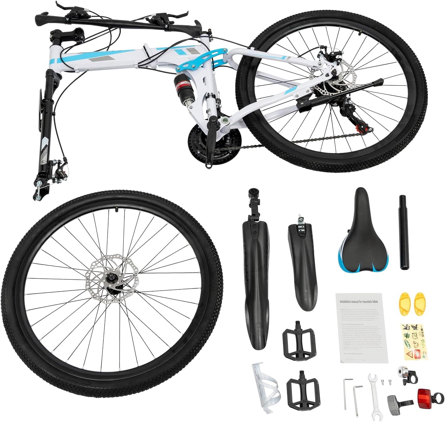 26 Inch Foldable Mountain Bike, 21 Speed Folding Mountain Bike with Double Shock Effect, Full Suspension Powerful Mechanical Dual Disc Brakes, Unique Design and Ergonomic Frame & Cushion