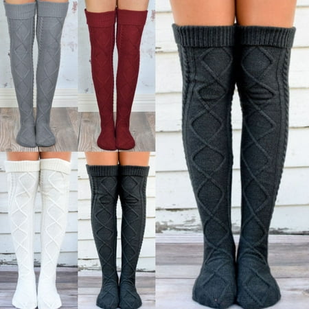 Sexy Women Knitted Knee High Socks Long Boot Socks Winter Cable Knit Legging Warmers Gray