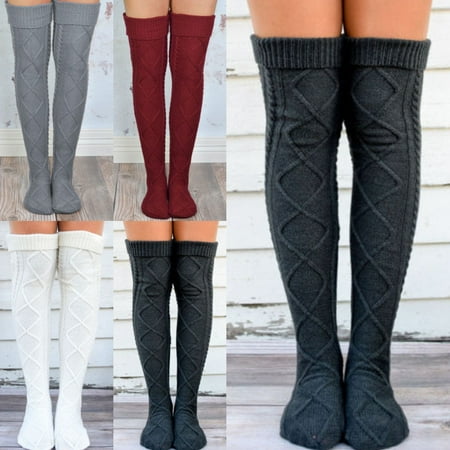 Sexy Women Knitted Knee High Socks Long Boot Socks Winter Cable Knit Legging Warmers Gray