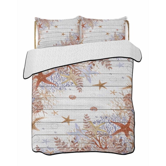 Quilts Twin Size Bedding Set, Orange Coastal Lightweight Quilted Comforter, Beach Nautical Coral Starfish Vintage Soft Reversible Bedspread Coverlet with Pillow Covers for All Season, 68" x 86"