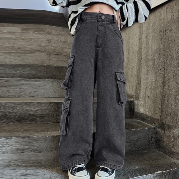 Qunyiney Cargo Pants for Boys Baggy Gray Faux Denim Pants Relaxed Fit with Pockets Wide Leg Pants Size120
