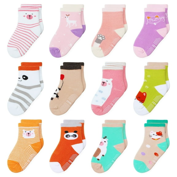 12 Pack Non Slip Kids Toddler Baby Socks with Grips for 1-7 Years Boys Girls Cotton Crew Socks Multi Colors