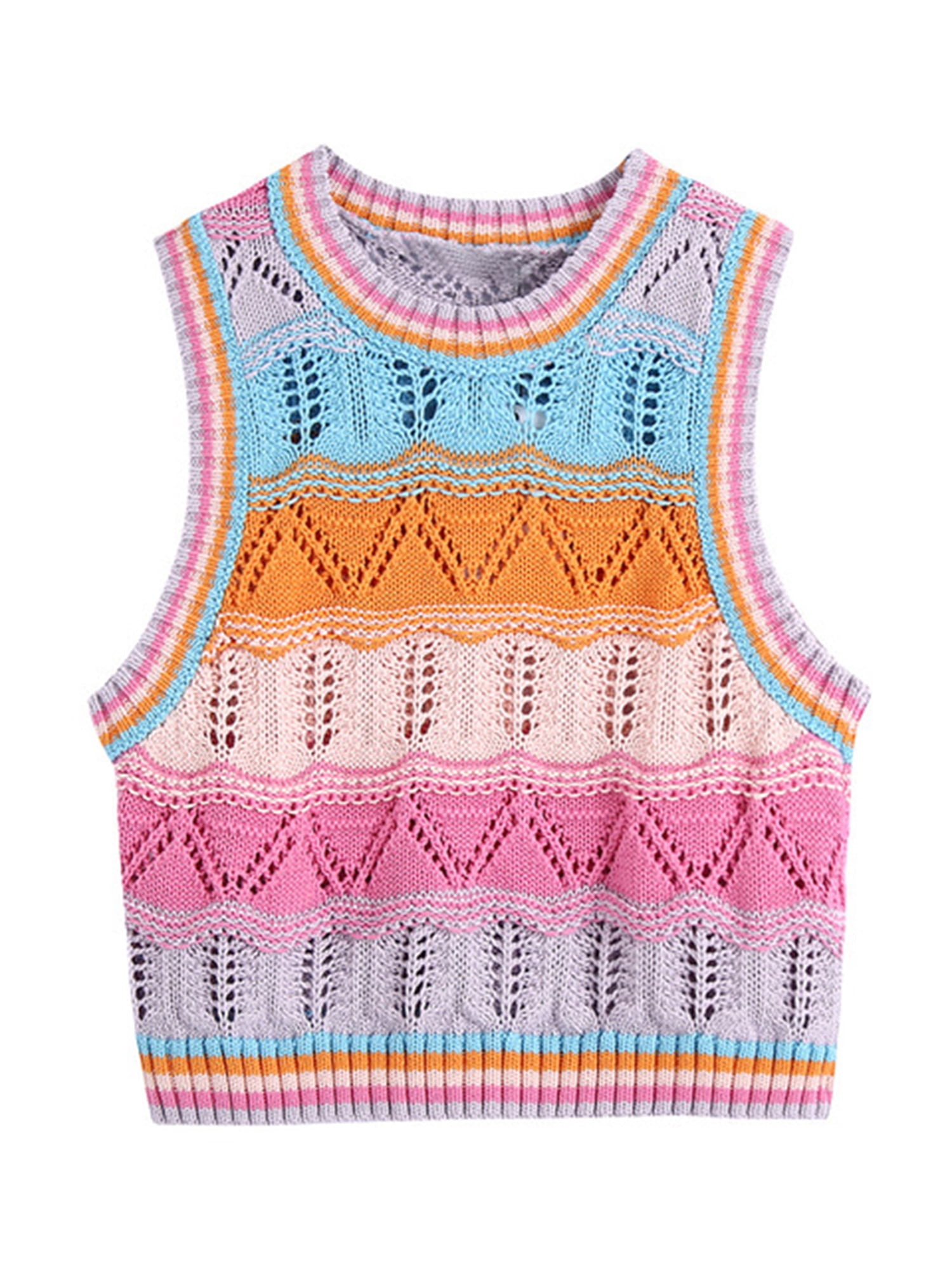 Women's Crochet Knit Sweater Vest Striped Color Tank Tops Sleeveless Round Neck Crop Vest 90s Vintage E-girls Outfits