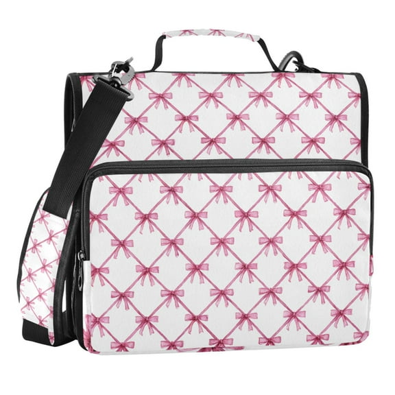 Zipper Binder Light Pink Ribbon Bow Plaid 1.5 Inch Binder Folder Bag with Shoulder Strap and Handle