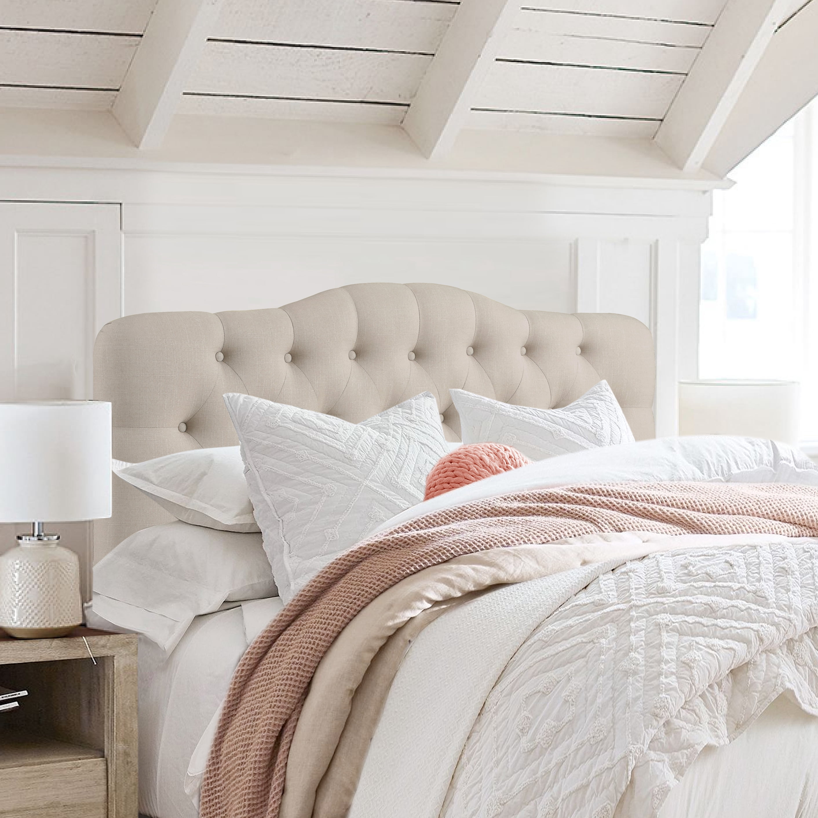 BSHTI Beige Linen Upholstered King Size Bed, Adjustable Height Headboard, Platform Bed Frame with Solid Wood Construction, Box Spring Needed
