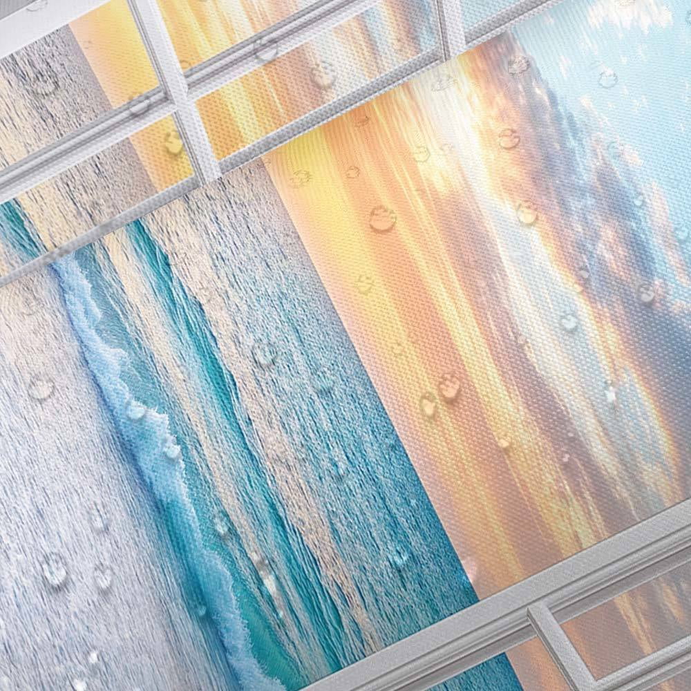 Beach Ocean Shower Curtain, White Door Windows Summer Bathroom Curtain Set, Hawaiian Sunrise Scenery Sea Wave Printed Bathroom Decor Fabric Polyester Waterproof 12 Pack Hooks,60X70in