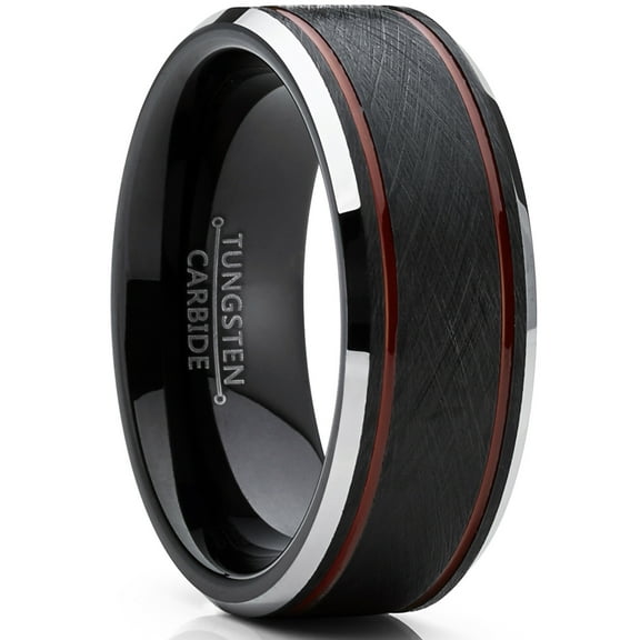 Metal Masters Tungsten Carbide Mens Black Brushed Textured Center Wedding Band Engagement Ring 8mm Comfort-Fit