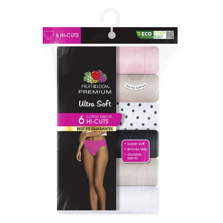 Fruit of the Loom Women's Premium Ultra Soft Hi-Cut Panty, 6 Pack, Sizes  6-10