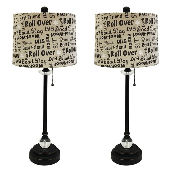 Royal Designs 28" Crystal and Oil Rub Bronze Lamp with Cream and Brown Dog Lover Print Drum Hardback Lamp Shade, Set of 2