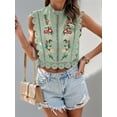 thumbnail image 5 of Women'S Floral Embroidery Lace Trim Blouse Mock Neck Sleeveless Holiday Crop Tops Matcha Color S, 5 of 7