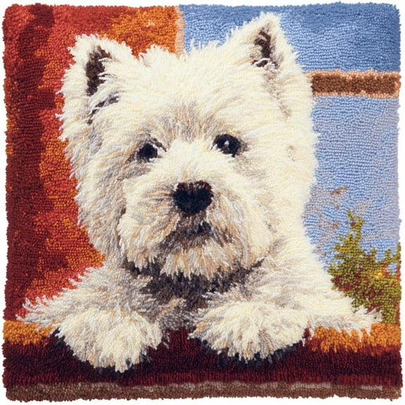 Latch Hook Kit, West Highland White Terrier Animal Latch Hook Pillow Kits for Adults Crochet Yarn Cushion Pre-Printed Needlework Handcraft 17X17 Inch
