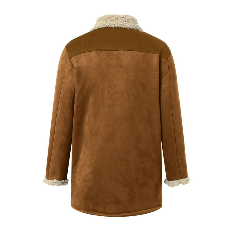 Mens Vintage Suede Jacket Plush Collar Coats Leather Winter Long