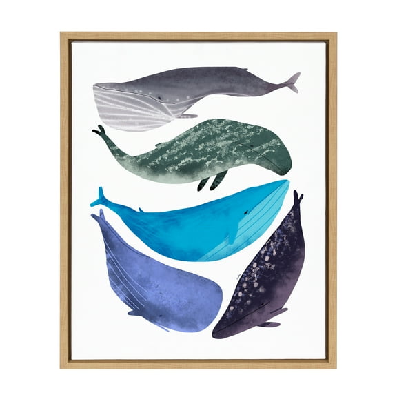 Kate and Laurel Sylvie Watercolor Whales Art Framed Canvas Wall Art by Lida Larina, 18x24 Natural Ocean Beach