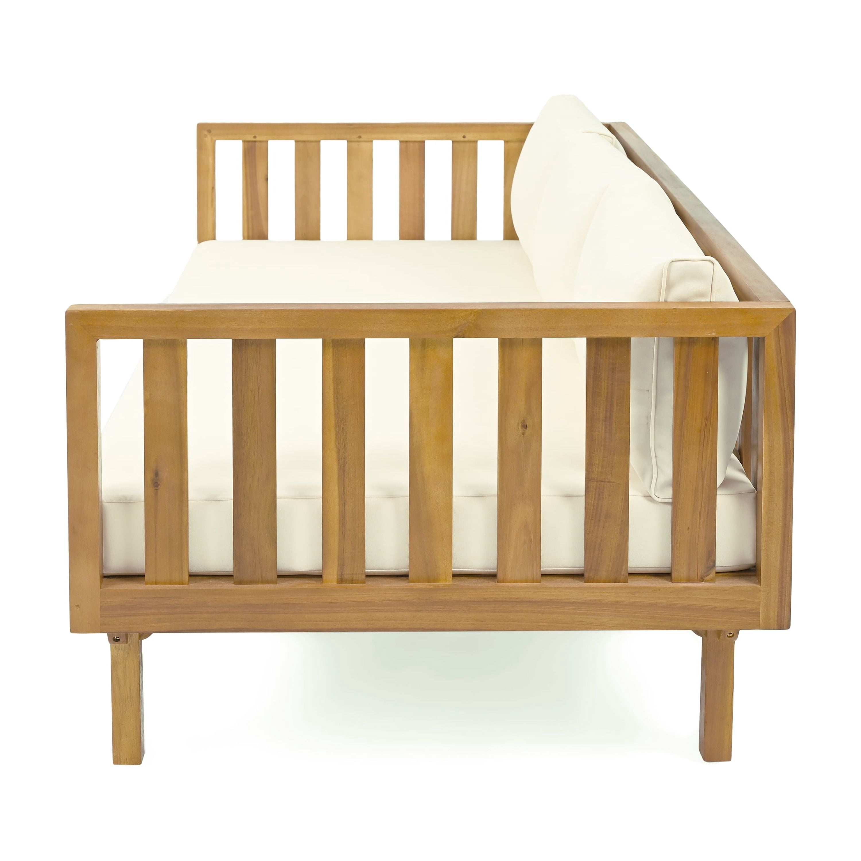 3 Seater Daybed, Outdoor Patio Leisure Daybed for Patio Garden, Teak and Beige