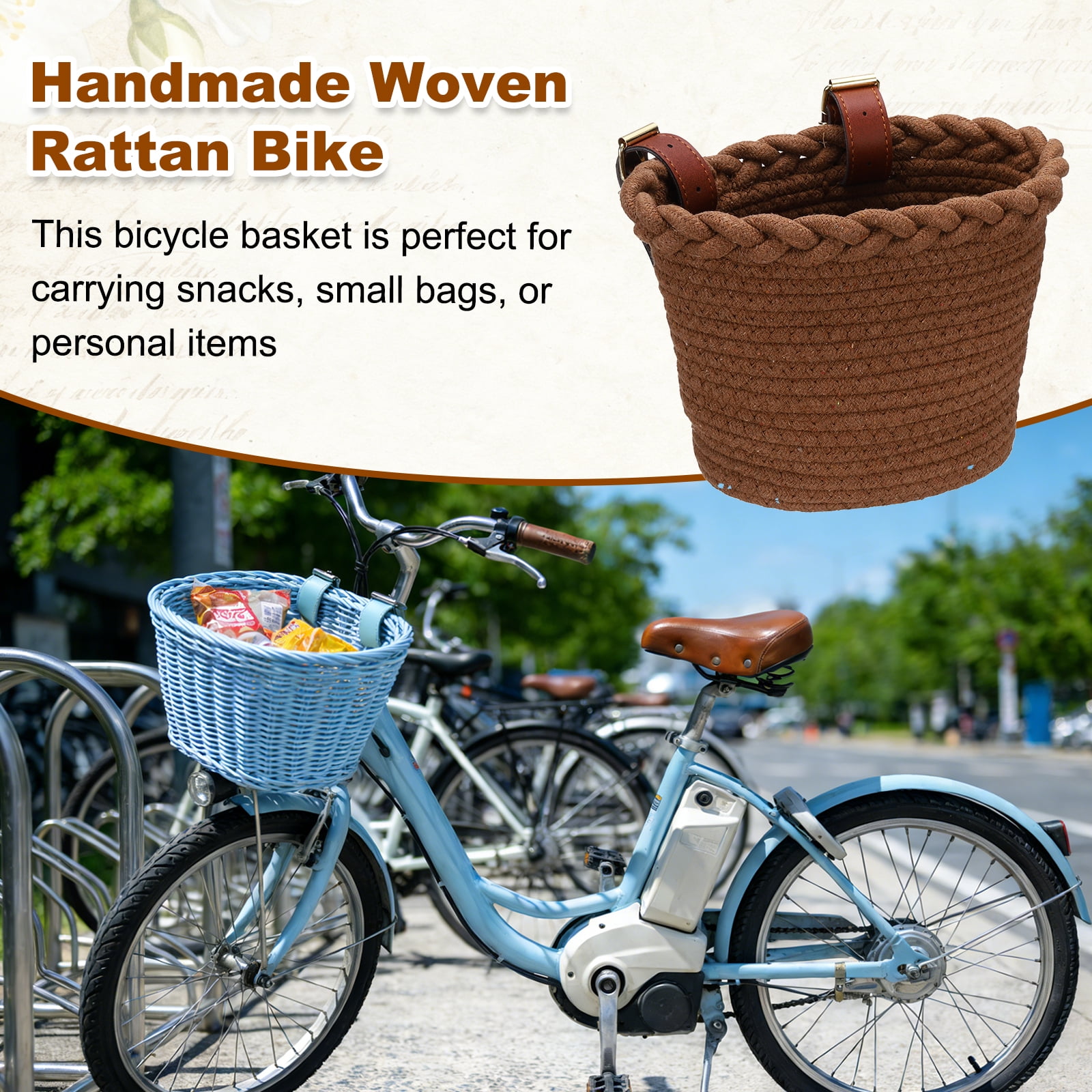 Uxcell Bike Basket, Cotton Rope Bicycle Basket Adjustable Front Baskets with 2 Leather Belt Buckles Unisex Strong Load 8.8 x 6.7 x 6.5" & Dark Brown-Fitting For(Bikes/Tricycle/Scooters)