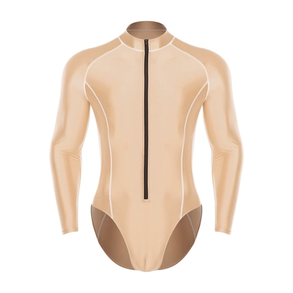 Sholeno Mens Zip Mock Neck Long Sleeve Glossy Workout Leotards Sports Fitness Swimming Surfing Jumpsuit Nude 3XL