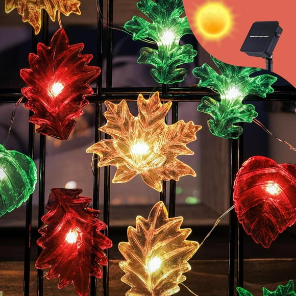 SHIJIU-Solar String Lights Fall Forest Leaf Lights Outdoor Garden Tree Décor Thanksgiving Lights Autumn Maple Oak Leaves Decorations Harvest Garland 14ft 40LED Balcony Pathway Bush Decor