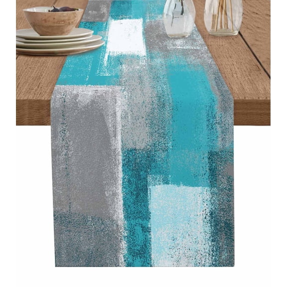 Table Runner Abstract Teal Gray Oil Painting Table Decoration for Kitchen Dinning Graffiti Art Table Decoration for Indoor Outdoor Party Wedding Decor 13x72inch
