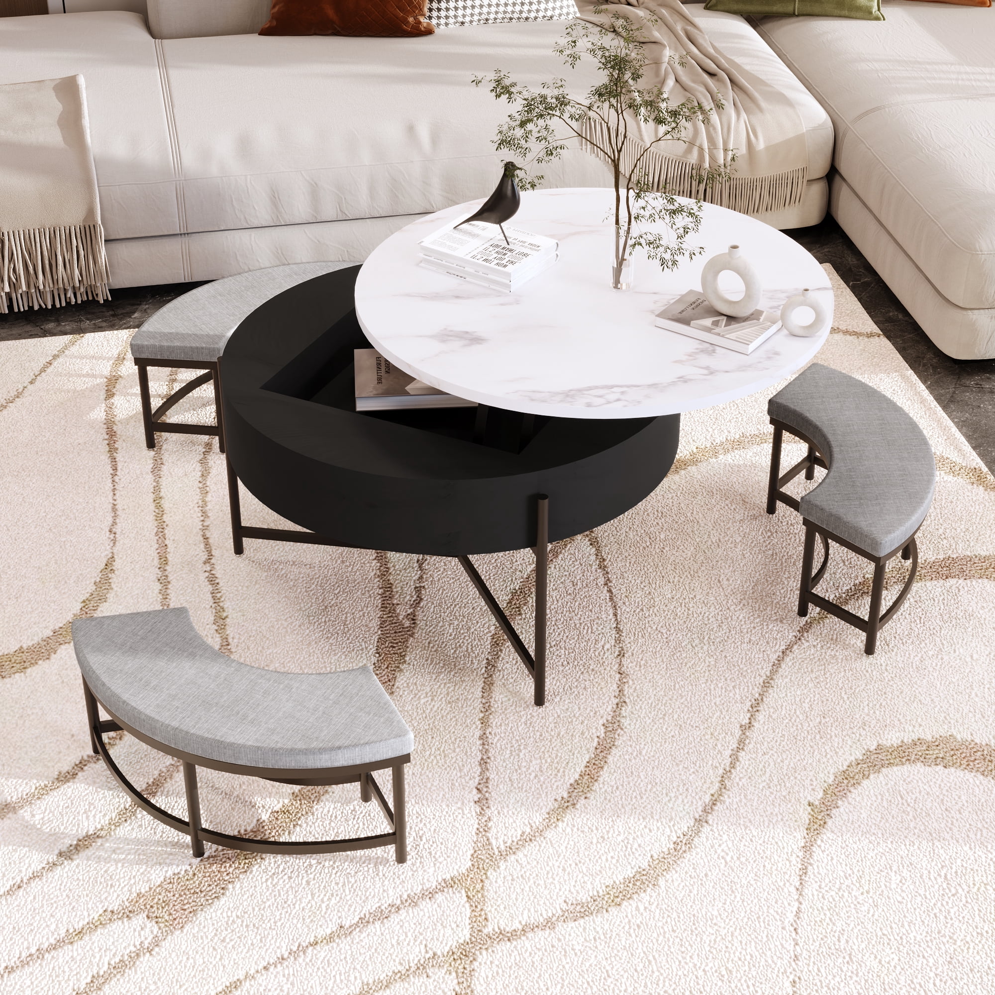 Harper & Bright Designs Round Lift-Top Coffee Table with Ottomans and Storage, Gold Center Table Set with Stools Underneath for Living Room, White & Black