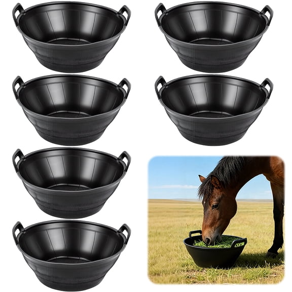 6 Pack 3.1 Gallon Rubber Feed Pan with Handle,Multi-Purpose Flexible Rubber Bucket Pan,Animal Feeding Trough & Dust Bath Container for Horses,Goats,Chickens,Pig,Farm,Garden,DIY