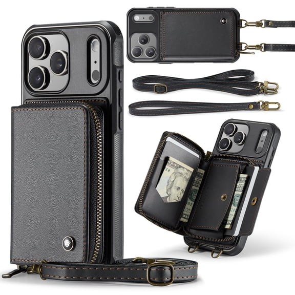 Dteck Crossbody Wallet Case for iPhone 17 Pro Max, RFID Blocking PU Leather Zipper Handbag Purse Flip Cover, Kickstand Folio Case with Card Slots Wrist Strap Lanyard,Black