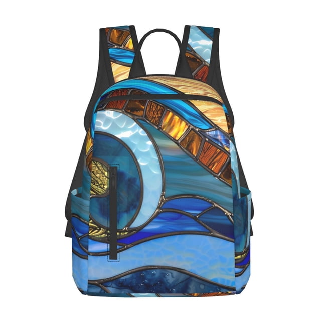 Balery Stained Glass Ocean Wave Mochila ligera para hombre y mujer: duradera e impermeable, ideal para la escuela, el trabajo, viajes y uso diario.