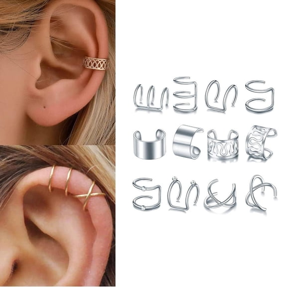 12Pcs Ear Cuffs Non Piercing, Hypoallergenic Non-Piercing Ear Clip, Hair for Women Men Hair Accessories Styling Jewelry Tools, Silver