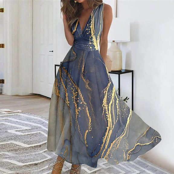 Titcea Summer Dresses for Women 2026 Deep V Neck Sleeveless Flowy Maxi Dresses Fashion Printed Casual Elegant Dresses, Gifts for Mom/Her