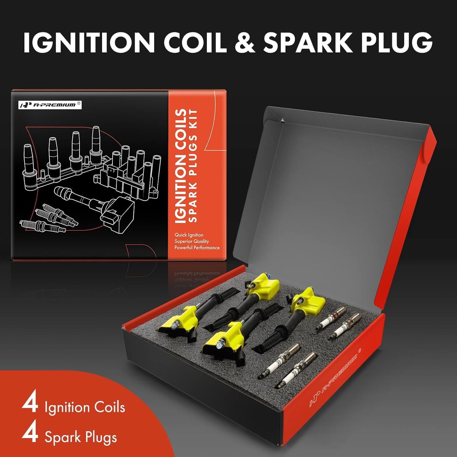 A-Premium (Yellow) Set of 8 Ignition Coil Pack and Iridium Spark Plugs Compatible with Chevrolet Equinox 2018-2024, Malibu 2016-2024, Cruze 2016-2019, Trax 2022 & GMC Terrain 2018-2023 & Buick Encore