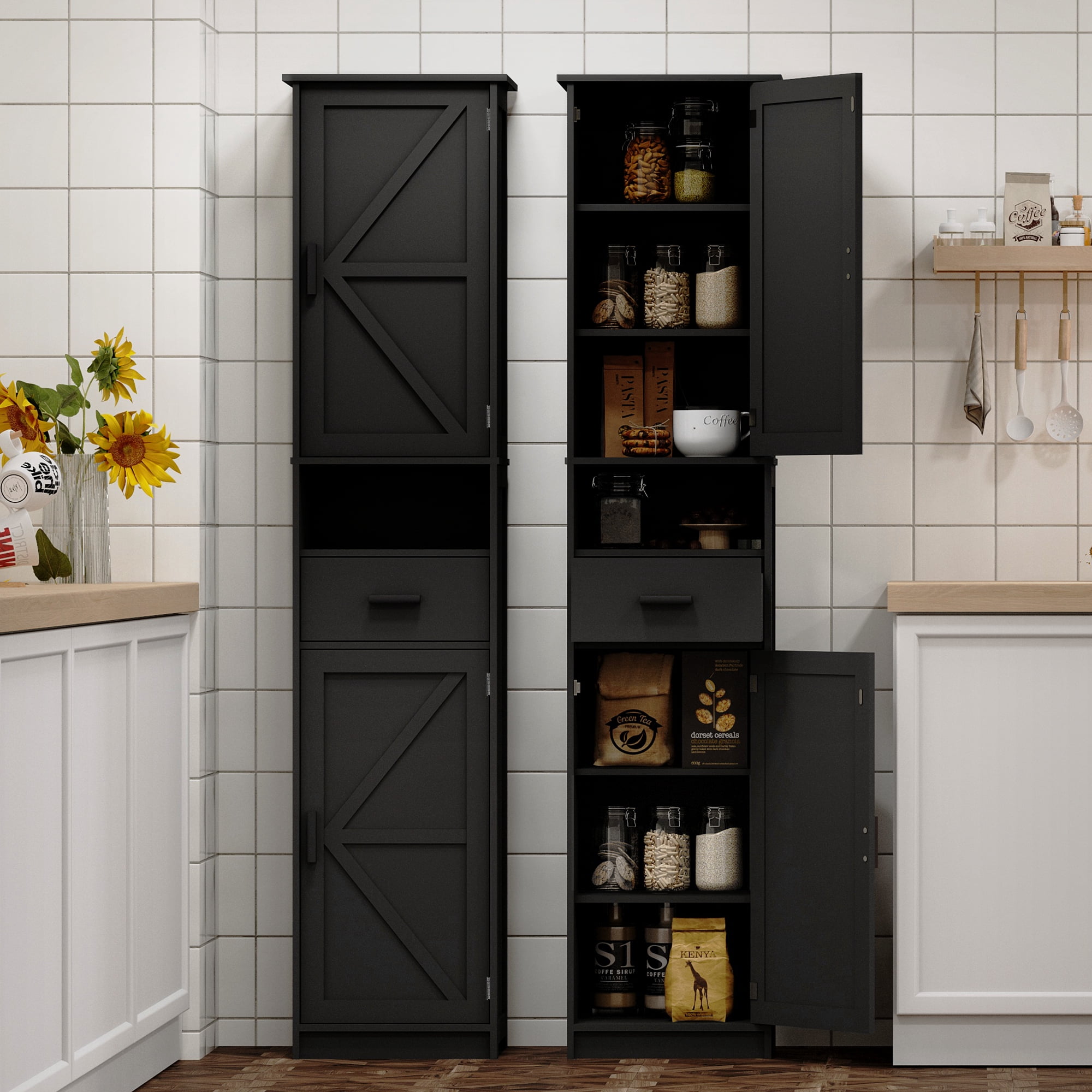 Leumius 69" H Tall Bathroom Storage Cabinet with Adjustable Shelve & 1 Drawer, Narrow Floor Storage Cabinet for Bathroom, Living Room, Entryway, Kitchen, Black