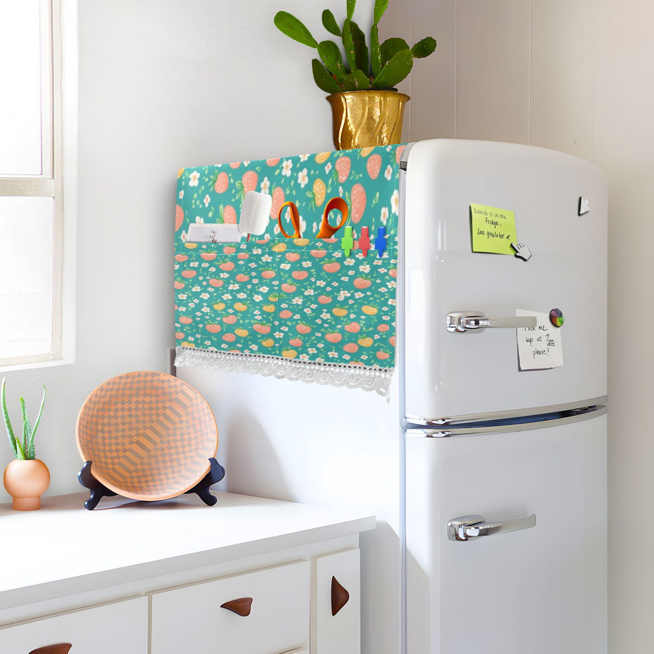 Strawberries and Flowers PatternWasher and Dryer Covers Dust-Proof and Oil Resistant Fridge Cover with 4 Storage Pockets Washing Machine Top Cover for Laundry Kitchen Home 51.2 x 22 In