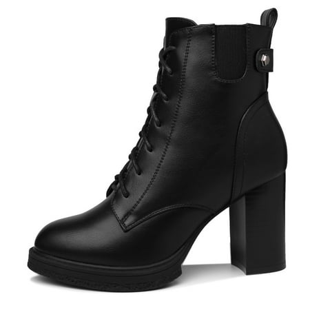 

Chunky Heel Ankle Combat Boots Round Toe Black Side Zipper & Lace Up High Heeled Boots Women‘s Footwear