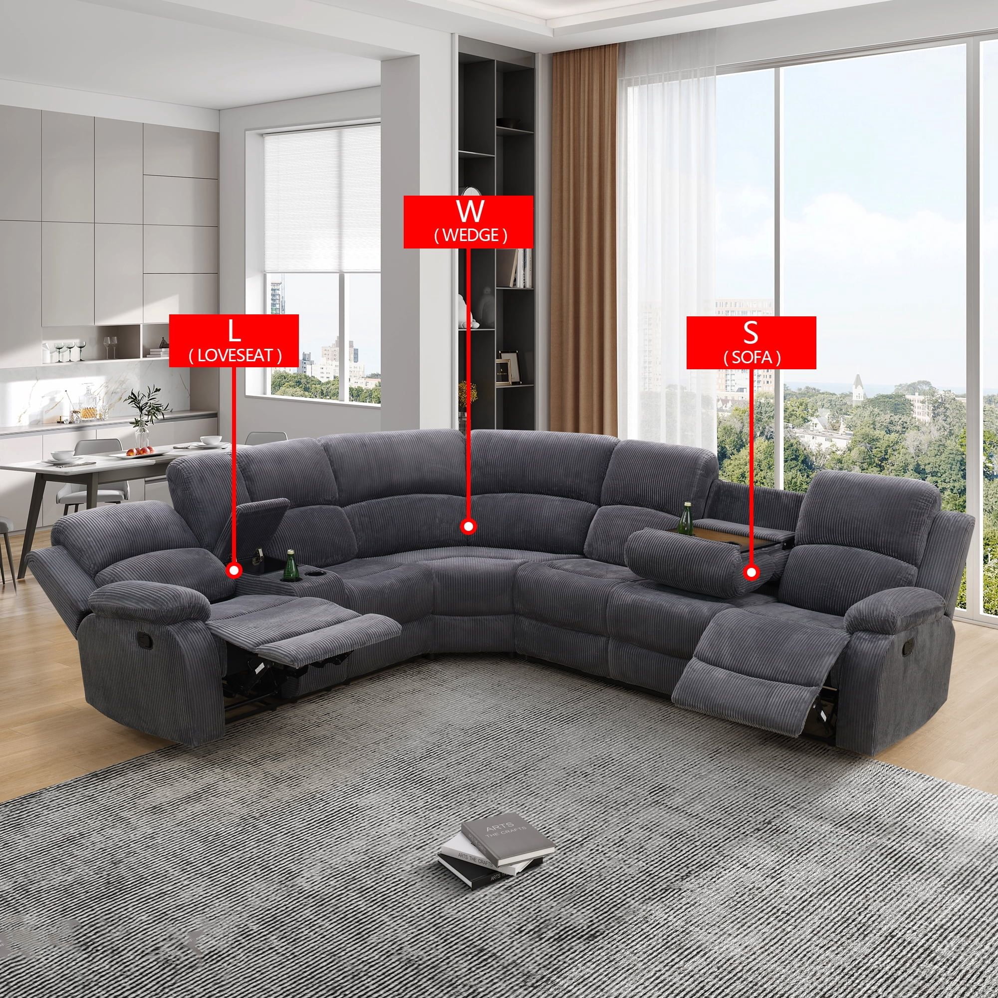 Gewnee Chenille Manual Reclining Sectional Sofa with Cup Holders ,Oversize Reclining Couch for Living Room