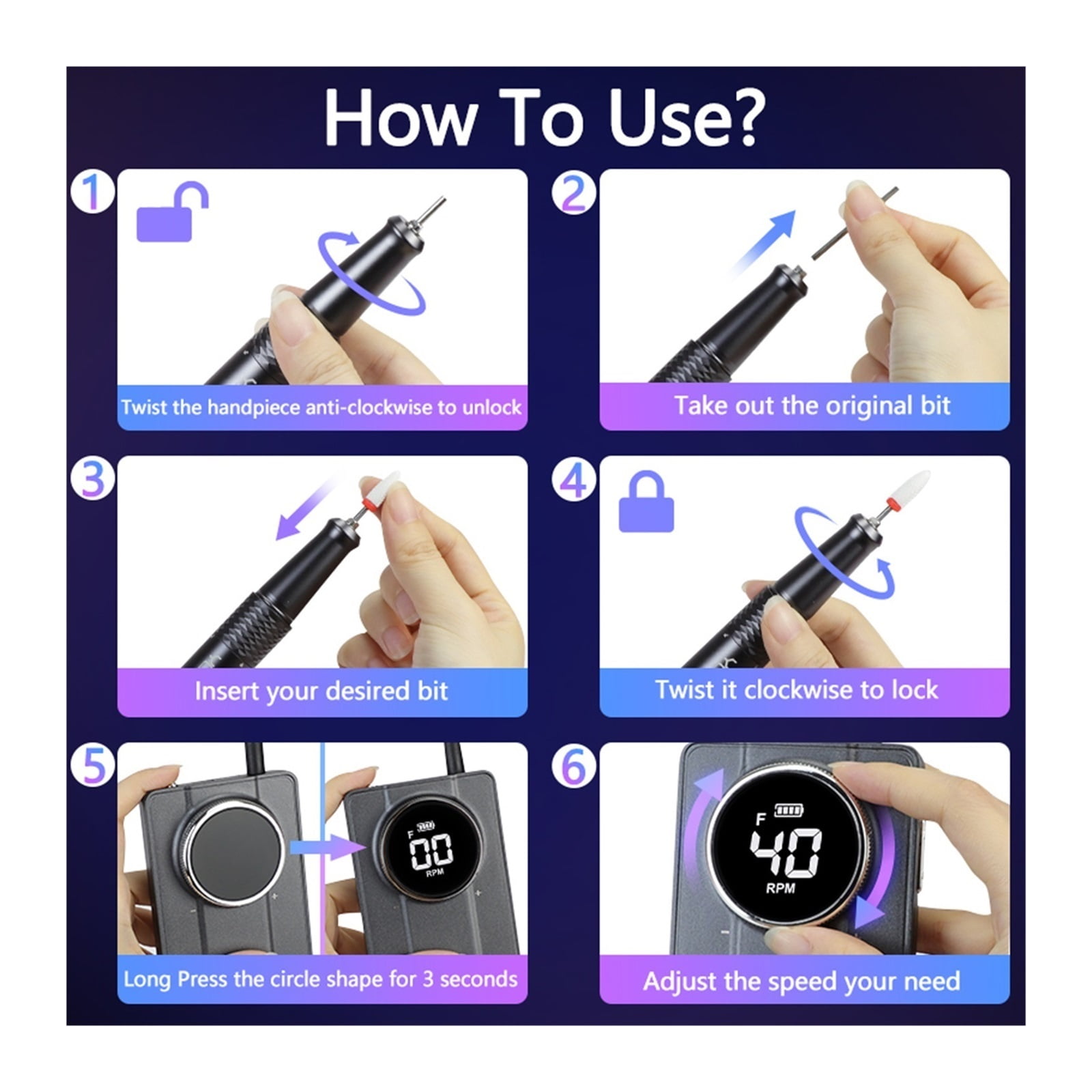 40000RPM Electric Nail Drill Machine, Professional Portable Rechargeable Nail Drill For Acrylic Gel Nails ,Low Noise