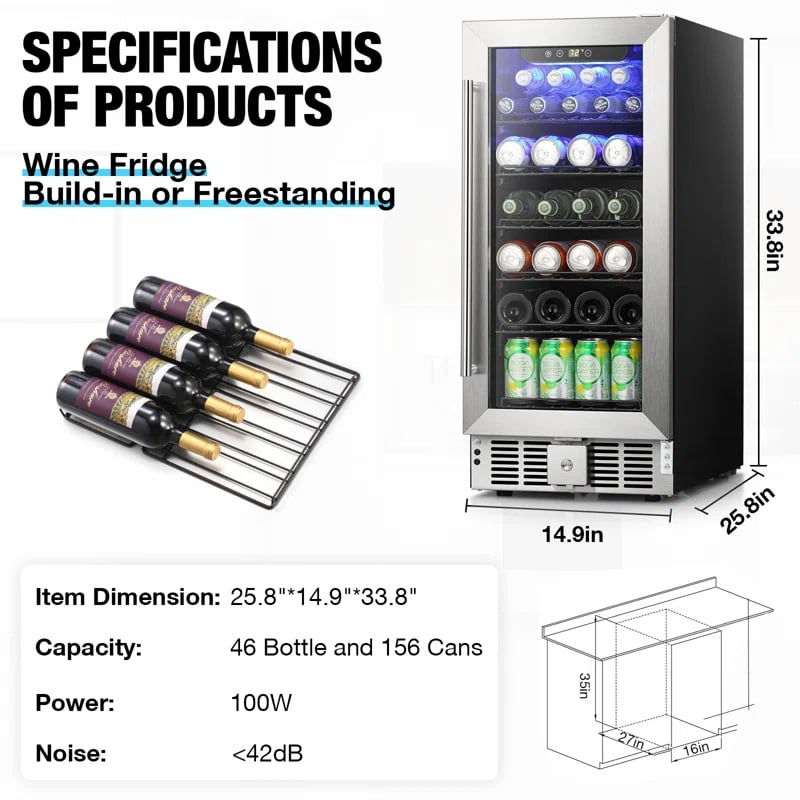 KNDKO 125 Cans Beverage Refrigerator, 3.0 Cu.ft Wine Cooler with 15 Inch Stainless Steel Door Frame for Home/Office/Bar