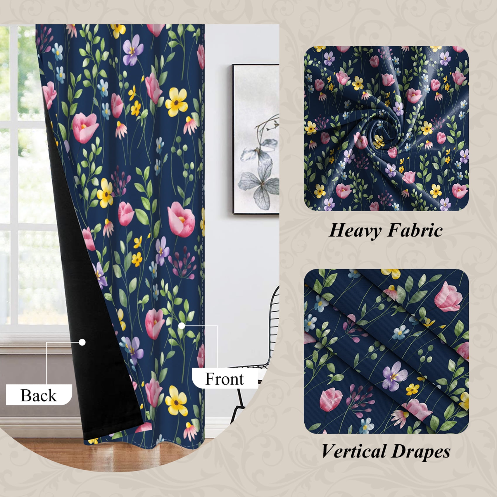 Farmhouse Plant Floral Blackout Window Curtains for Living Room,Thermal Insulated Curtains,52x84 Inch,Set of 2