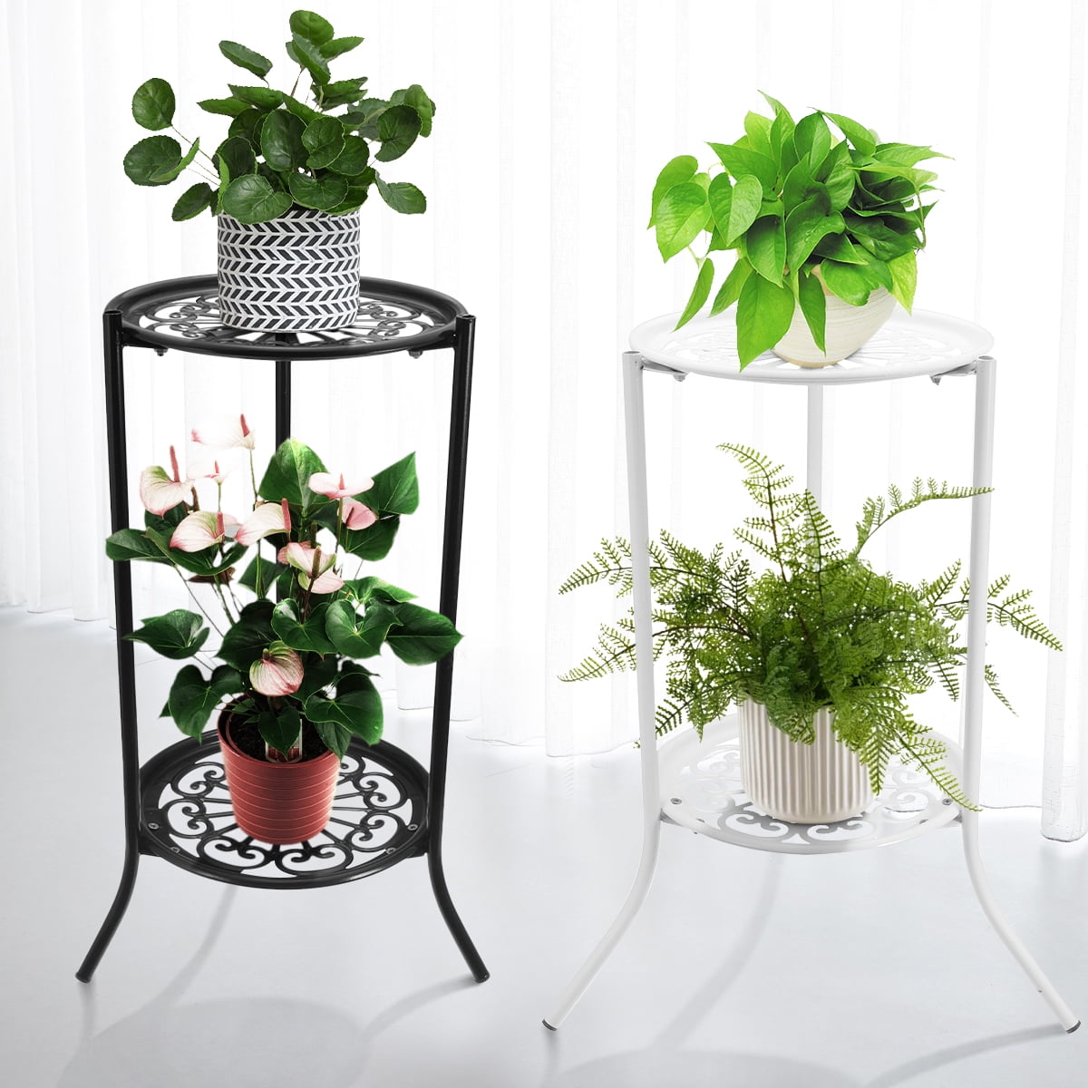 2Tier Black Wrought Iron Flower Stand Plant Stand Shelf