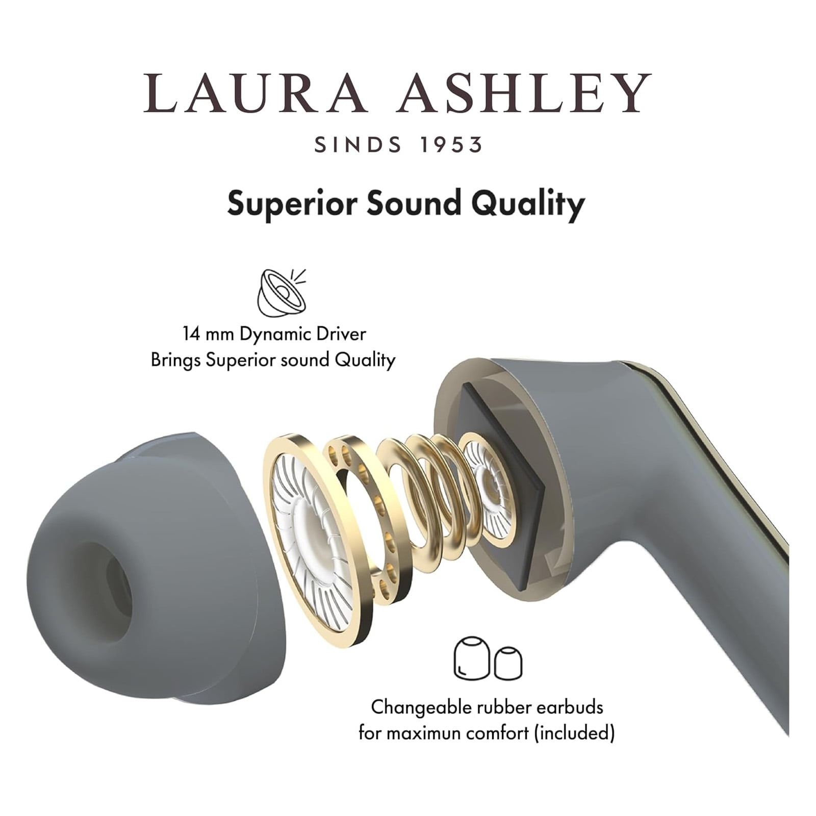VQ Laura Ashley Skylark TWS Wireless Earbuds – Bluetooth 5.3 Earphones with Enhanced Noise Cancelling (ENC), 10-Hour Playtime, and 45-Hour Charging Case Backup – Pussy Willow Grey