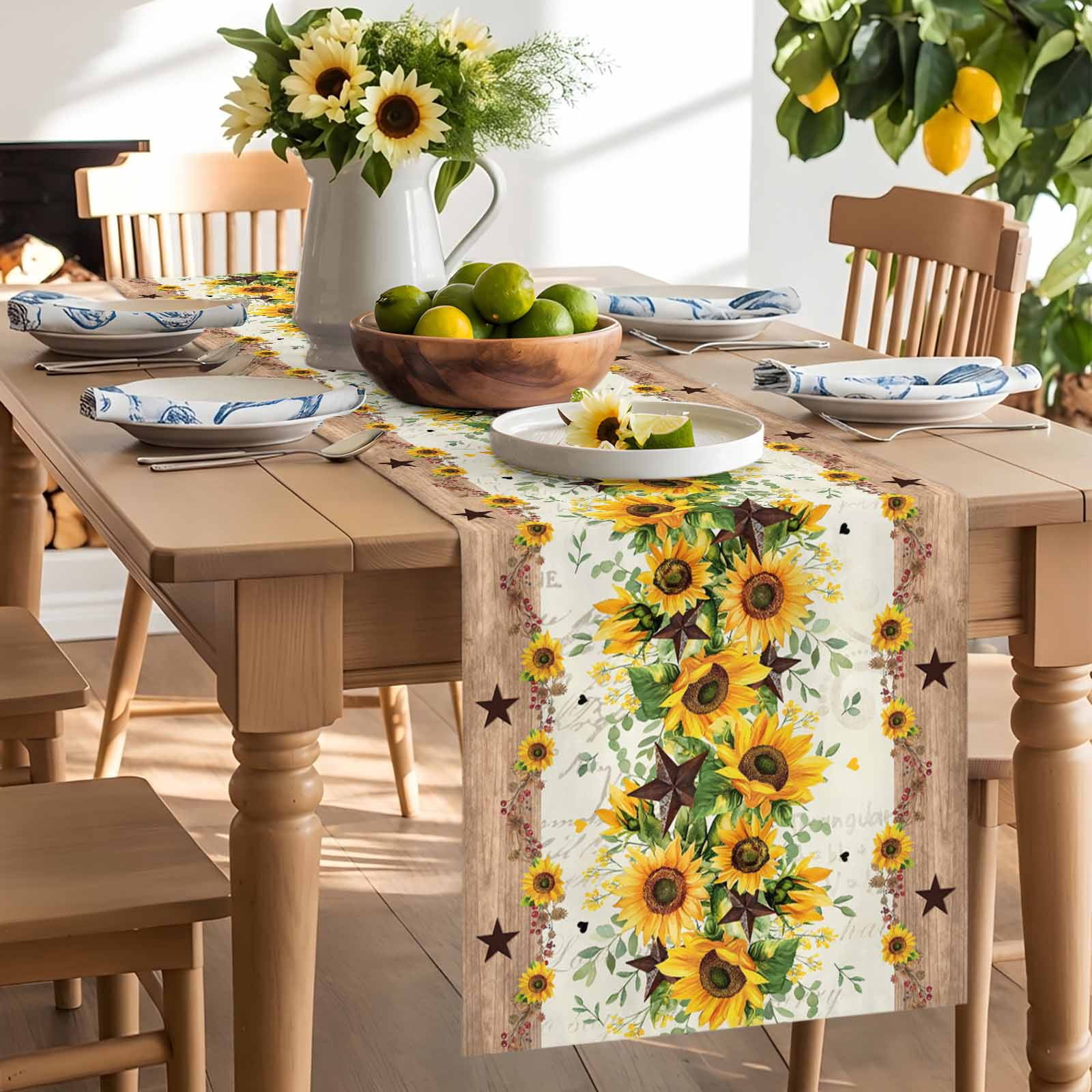 Retro Sunflower Bee Country Star Table Runner 90 Inches Long, Farmhouse Wood Grain Table Runners Tabletop Scarf Kitchen Dining Tables Decoration for Home Party Indoor Outdoor