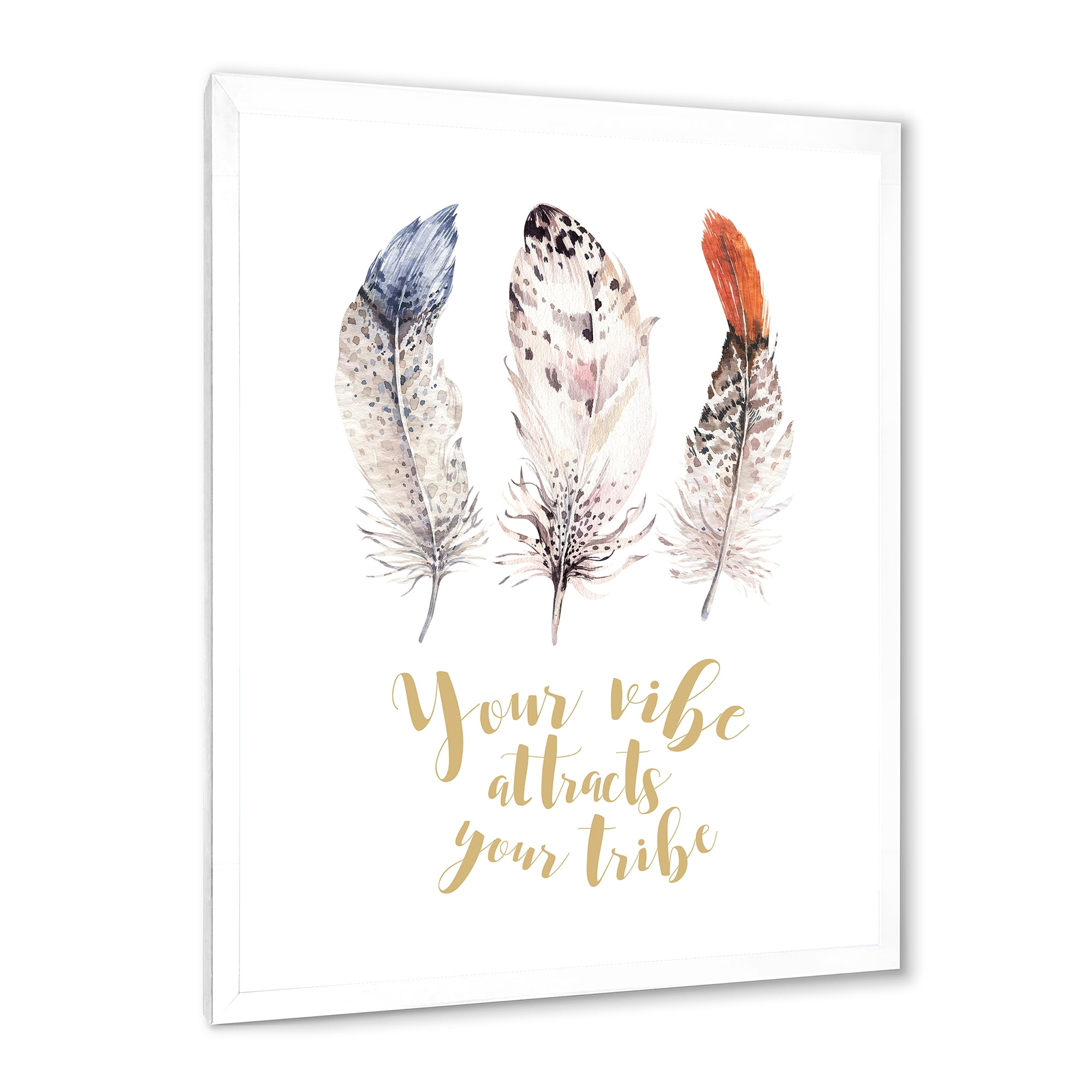 Designart 'Your Vibe Attracts Your Tribe Ethnic Feathers II' Bohemian & Eclectic Framed Art Print