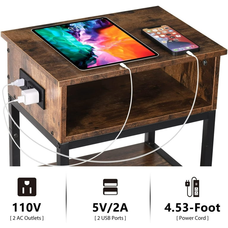 Oumilen Western Home 24.8" End Table 3 Layers with Charging Station, Rustic Burnt Wood