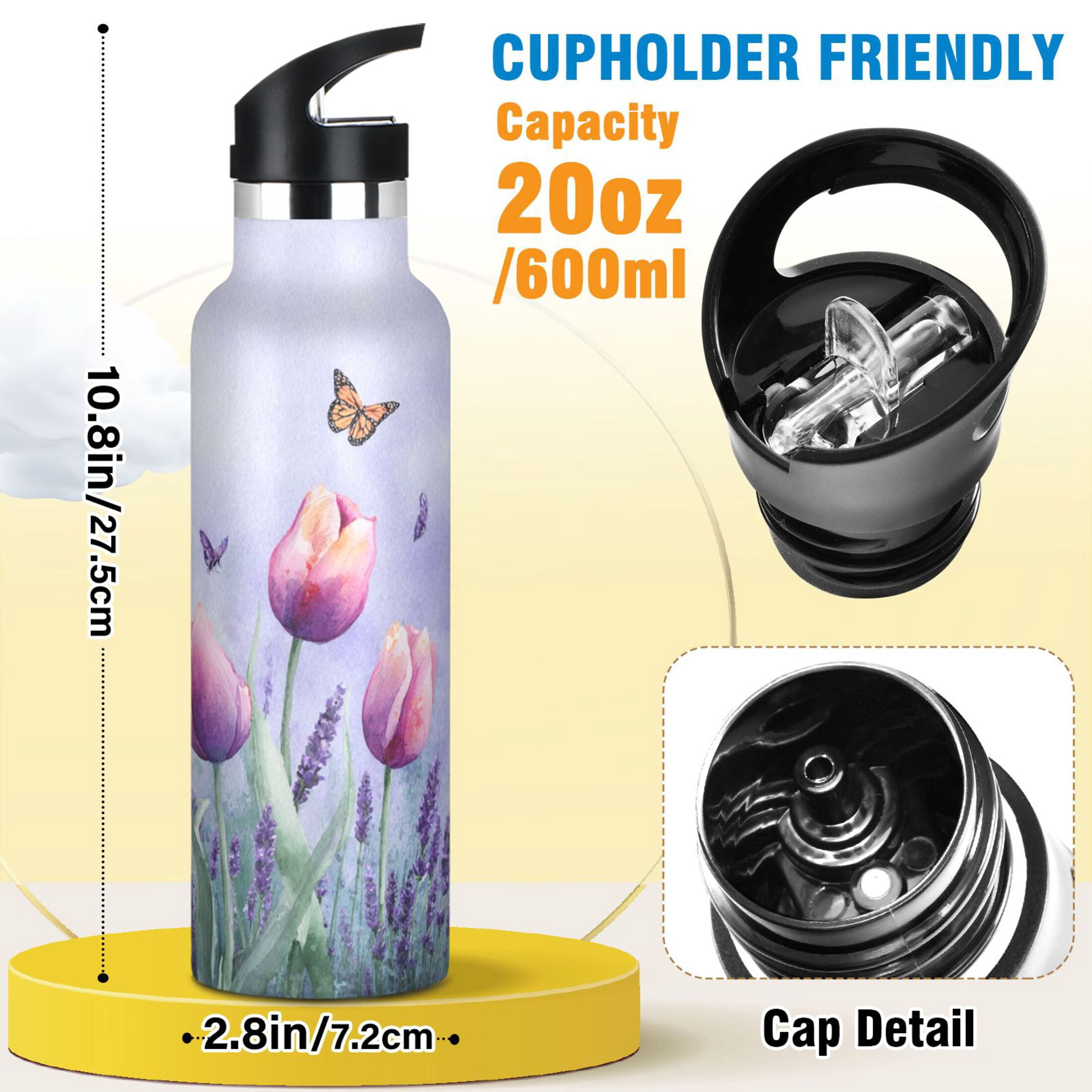 Kids Insulated Stainless Steel Sports Water Bottle 600ml (20oz) Watercolor Tulips and Lavender