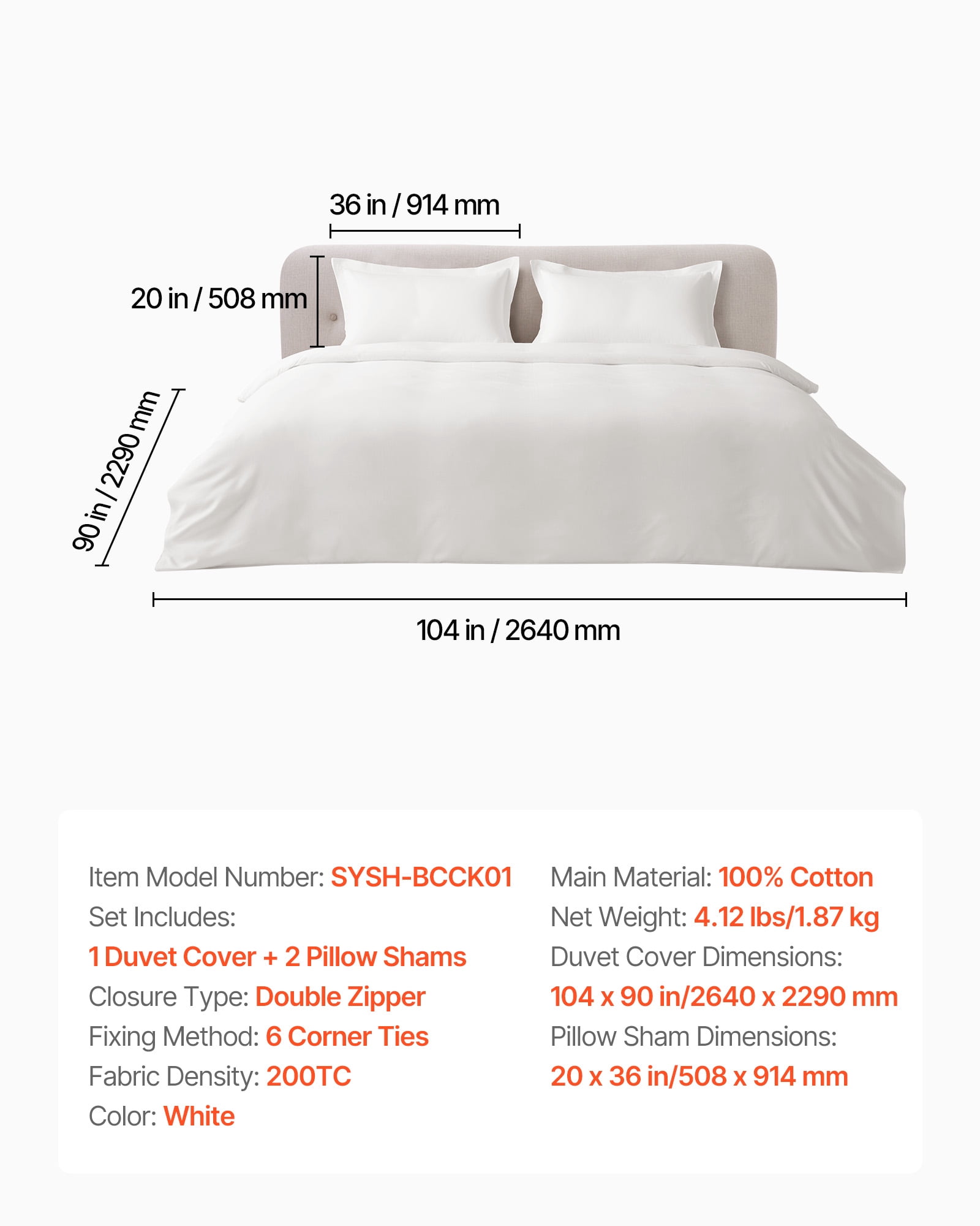 VEVOR King Size Duvet Cover Set, 100% Cotton, 3 Pieces Bedding Set with 1 Duvet Cover 104 x 90 in and 2 Pillow Shams 20 x 36 in,Double Zipper Closure, White