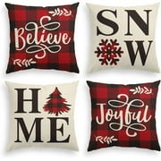 AVOIN colorlife Buffalo Plaid Believe Joyful Christmas Pillow Covers, 18 x 18 inch Square Winter Red Holiday Cushion Case Farmhouse Style Decoration for Sofa Couch Set of 4