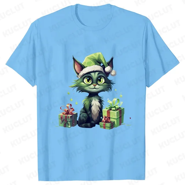 Señora Año Nuevo manga corta lindo gato estampado Tops moda mujer camisetas camisa tendencia gráfico Navidad regalo ropa femenina camiseta