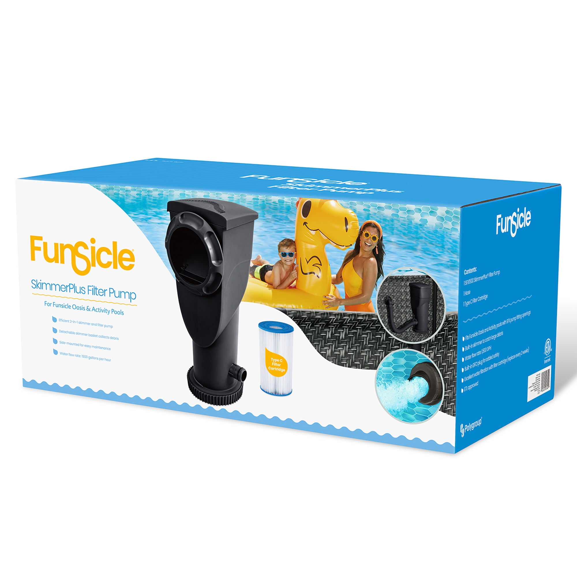 Funsicle 1500 Gallon SkimmerPlus Filter Pump for Above Ground Swimming Pool, Black, Adults