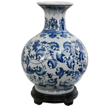 Handmade 9" Porcelain Round Blue and White Floral Vase